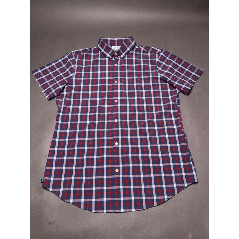 Mizzen + Main Shirt Mens XL Red Blue Plaid Trim Fit Button Up Leeward Collection